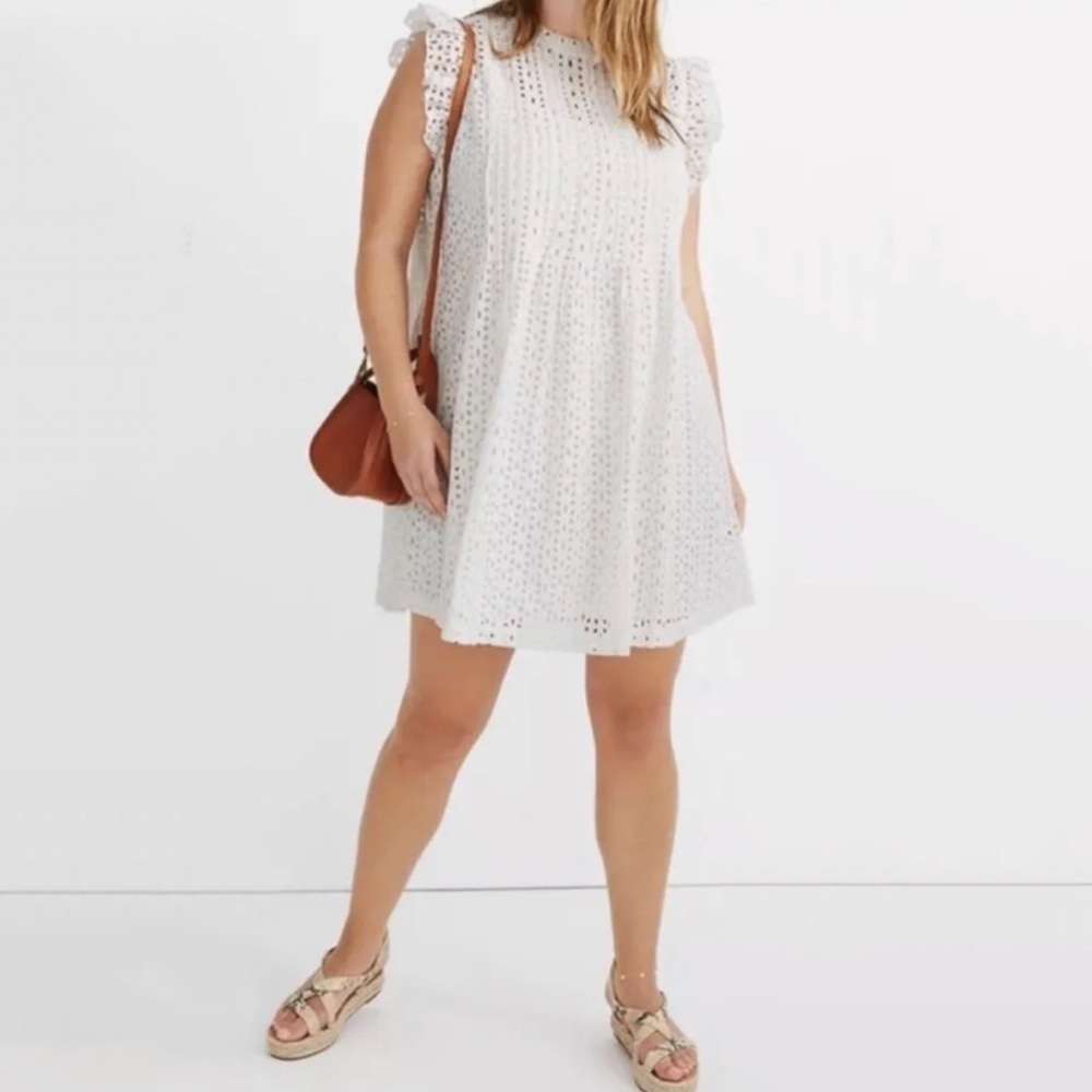 NWT Madewell Eyelet Ruffle-Sleeve Pintuck Mini Dress in White